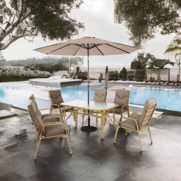 طقم طاولة طعام خارجية 6 كراسي مع مظلة صن رايز - بيج غامق