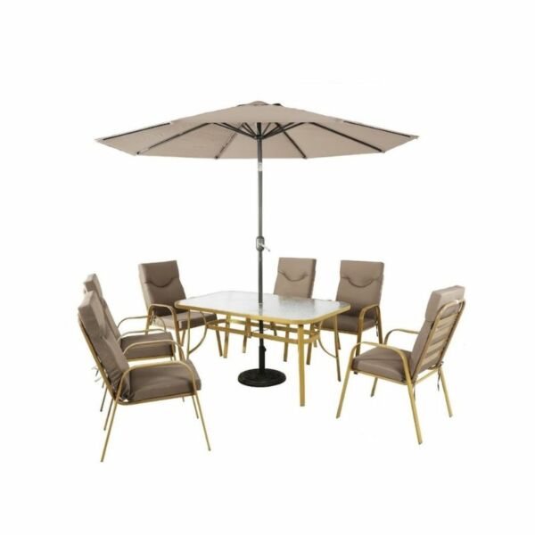 طقم طاولة طعام خارجية 6 كراسي مع مظلة صن رايز - بيج غامق
