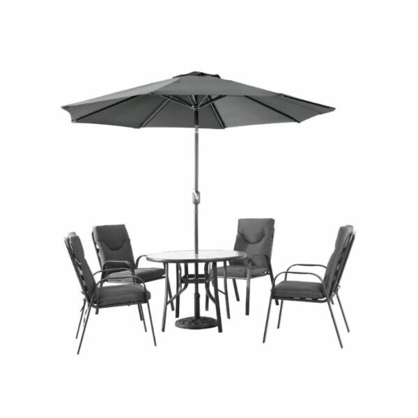 طقم طاولة طعام خارجية بمظلة و 4 كراسي صاني - رمادي