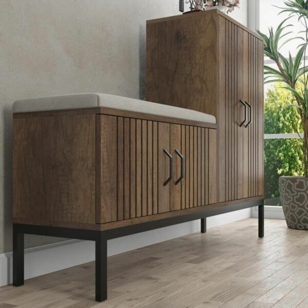 خزانة أحذية خشبي مع وسادة مقعد - بني ومتعدد الالوان