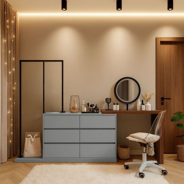 طاولة تزيين مع مرآة وكرسي ربيكا - رمادي فاتح ومتعدد الالوان