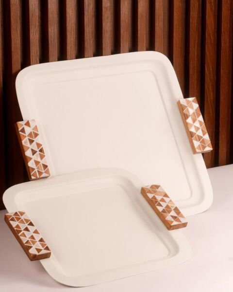 صينية تقديم هندي 37x28 سم - كريمي وخشبي