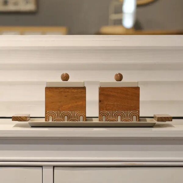 طقم علبتين خشب مربع وصحن بيج