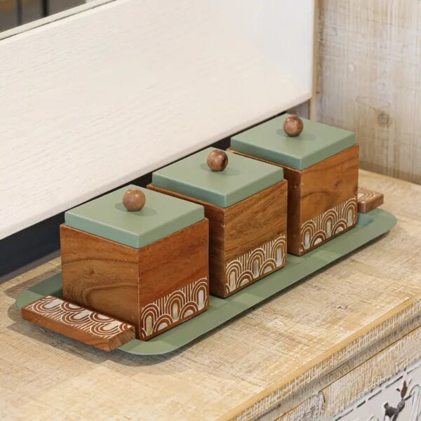 طقم 3 علب خشب مربع وصحن اخضر