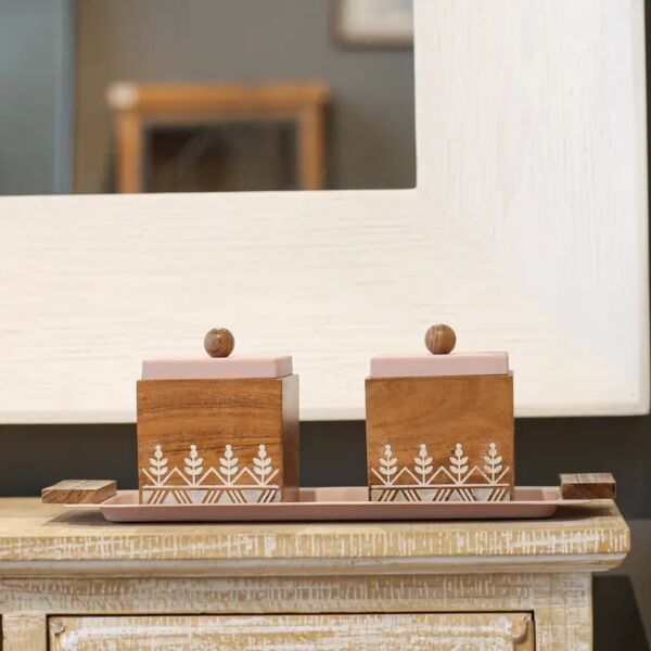 طقم علبتين خشب مربع وصحن وردي