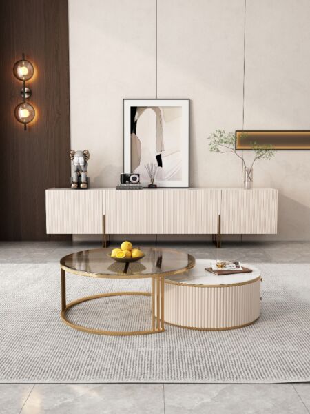 طاولة قهوة مارجلاس خشب و ستيل أبيض وذهبي - قطعتين