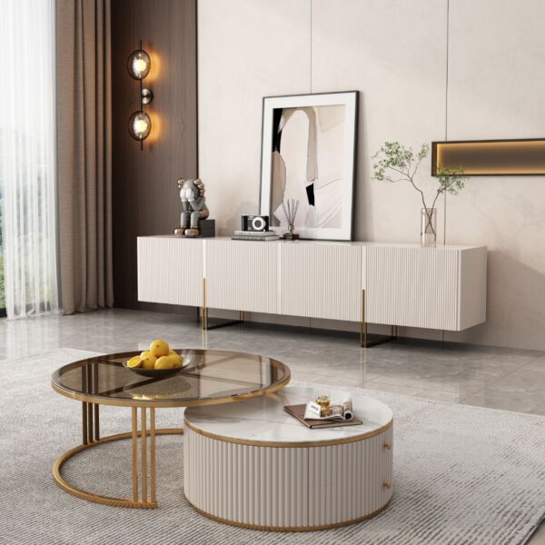 طاولة قهوة مارجلاس خشب و ستيل أبيض وذهبي - قطعتين