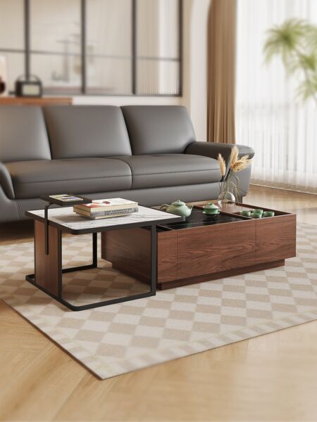 طاولة قهوة و طاولة جانبية مارغريت خشبية و سطح رخامي - بني