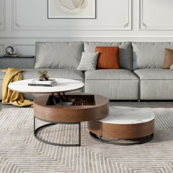 طاولة قهوة 66 سم قطعتين - بني وأبيض