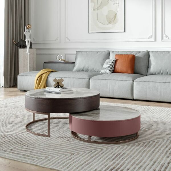 طاولة قهوة 80 سم قطعتين - بني ووردي