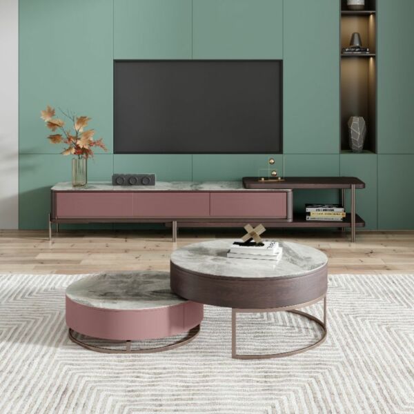 طاولة قهوة 80 سم قطعتين - بني ووردي