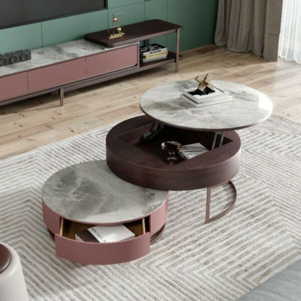 طاولة قهوة 80 سم قطعتين - بني ووردي