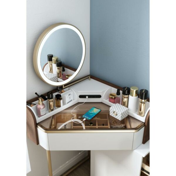 طاولة تزيين زاوية بتخزين جانبي رابور - ابيض وبني