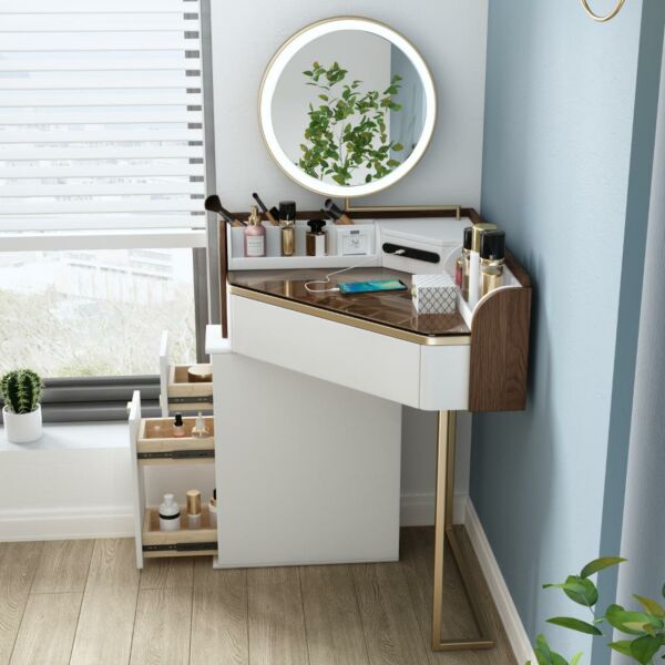 طاولة تزيين زاوية بتخزين جانبي رابور - ابيض وبني