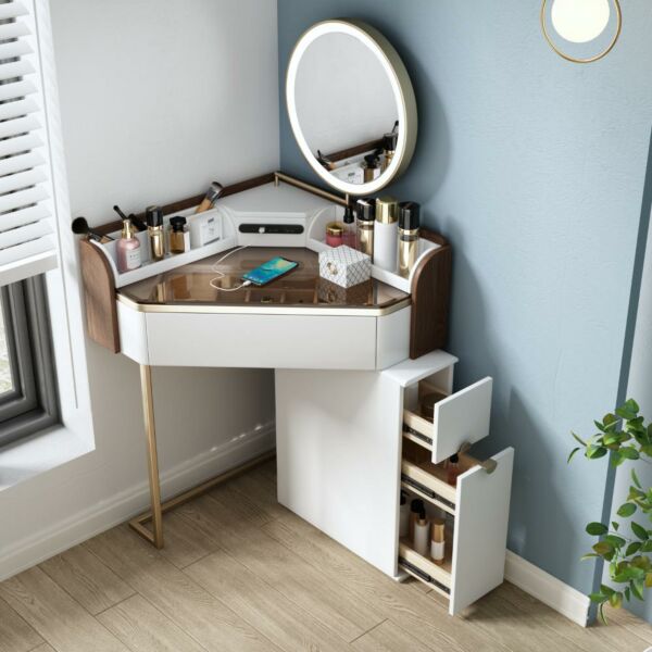 طاولة تزيين زاوية بتخزين جانبي رابور - ابيض وبني