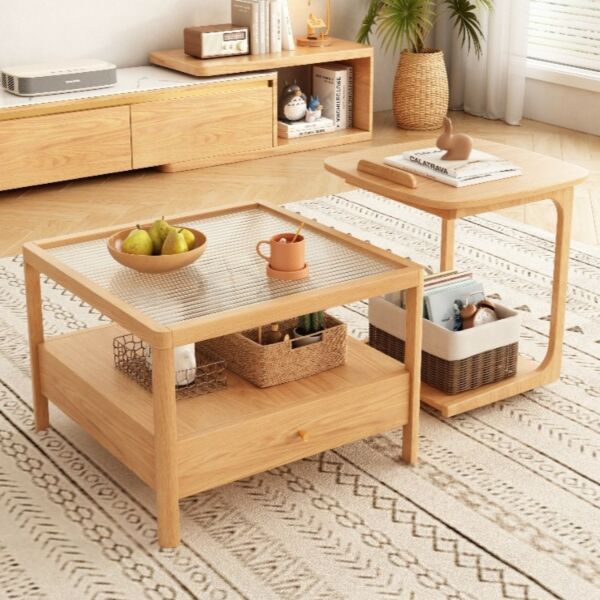 طاولة قهوة خشب بتخزين عملي - قطعتين