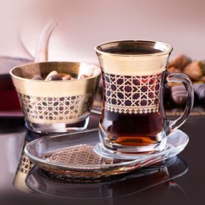 طقم بيالات شاي مع صحون زجاج قرطبة مذهب 4  قطع