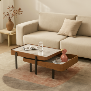 طاولة قهوة كاتالي خشبية و سطح رخامي بني - قطعتين