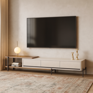 طاولة تلفزيون بانيلا خشب و ستيل أبيض وبني - 41x40 سم