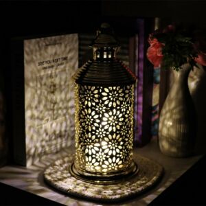 فانوس رمضان كاستيل استيل دائري مزخرف بإضاءة ليد ذهبي 
