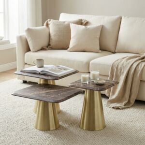 طاولة قهوة جوي سطح رخام طبيعي - 3 قطع - بني وذهبي