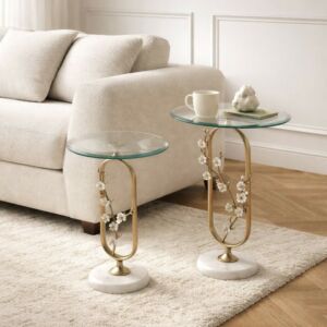 طقم طاولات جانبية كراز - قاعدة رخام طبيعي - ذهبي وابيض