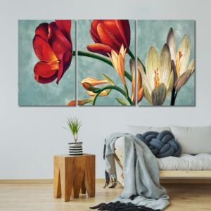 لوحة جدارية فنية بتصميم أزهار ملونة - ثلاث قطع - مقاس 120x60 سم