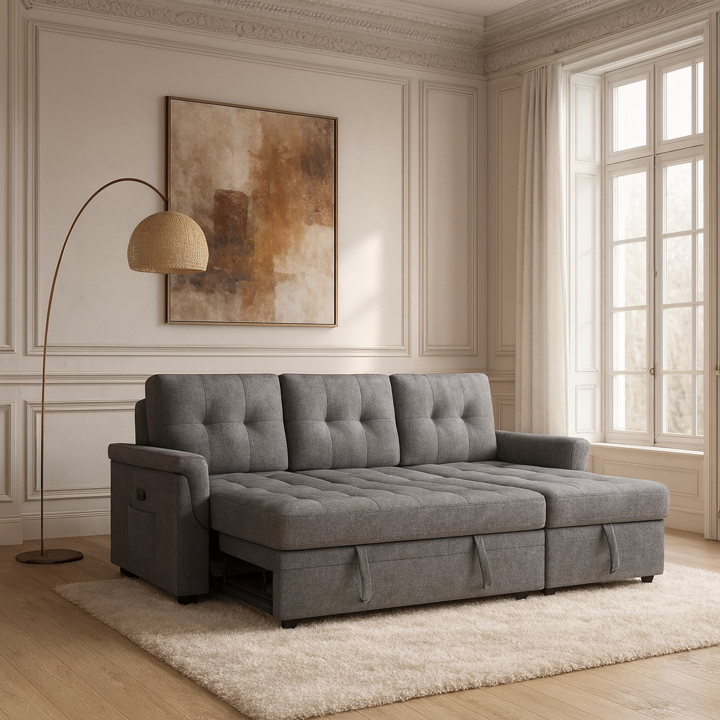 كنب سرير زاوية مع شاحن بورفال - رمادي غامق