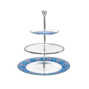 حامل حلويات زجاج 3 طبقات - ازرق وبلاتين