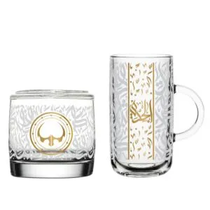 طقم كاس ومج وكوستر زجاج الجدي