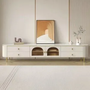 طاولة تلفزيون مايسترو خشبية و أرجل ستيل أبيض و ذهبي - 200x46x40 سم