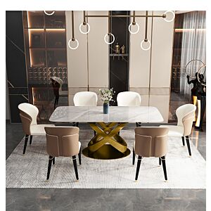 طاولة طعام مودرن رولان 6 أشخاص - لون أبيض رخامي وذهبي