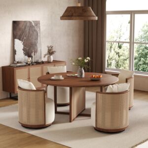 طاولة طعام راتان طبيعي 4 اشخاص من ويلو - بني وبيج