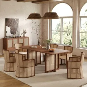 طاولة طعام راتان طبيعي 6 اشخاص من ويلو - بني وبيج