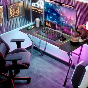 مكتب كمبيوتر اوفيس مع شريط اضاءة LED - أسود