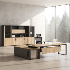 مكتب خشب صيني ارجل حديد مع ملحق الالوان جملي و بيج و ترابي مقاس 200-80-75 موديل AG-411