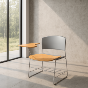 كرسي محاضرات الجلسة والظهر بلاستيك لون رصاصي مع طاولة كتابة خشب