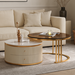 طاولة قهوة رونار خشبية و أرجل ستيل و سطح رخام و زجاج