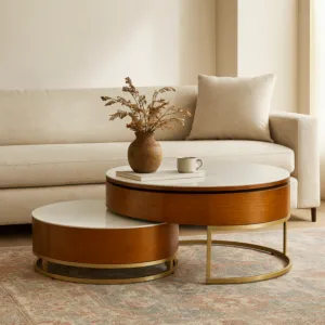 طاولة قهوة متداخلة قطعتين ريمبا - ابيض وبني