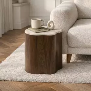 طاولة جانبية مموجة من مجموعة روسان - رخام طبيعي - بني غامق وابيض