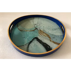 صينية تقديم بينت دائرى زجاج بإطار بلاستيك متعدد الالوان