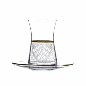 طقم بيالات شاي مع صحون زجاج مورد مذهب 6 أشخاص