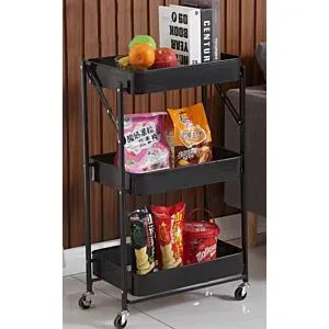 عربة تخزين حديد 3 أدوار قابلة للطي أسود