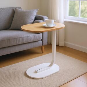 طاولة جانبية بيضاوية ايلان - أبيض وخشبي