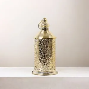 فانوس رمضان كاستيل استيل دائري مزخرف بإضاءة ليد ذهبي 