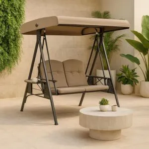 كرسي أرجوحة للحديقة ليبانول مع مظلة مقعدين بيج