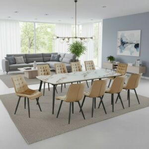 طقم طاولة طعام سينام - 10 اشخاص - أبيض رخامي وبيج