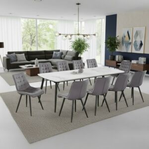 طقم طاولة طعام سينام - 10 اشخاص - أبيض رخامي ورمادي