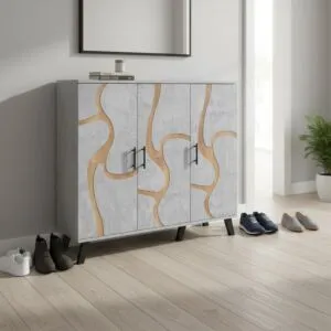 خزانة احذية 3 باب خشب ماليزي - رمادي فاتح وخشبي