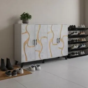 خزانة أحذية خشب ماليزي 2 قسم 4 باب - رمادي فاتح وخشبي